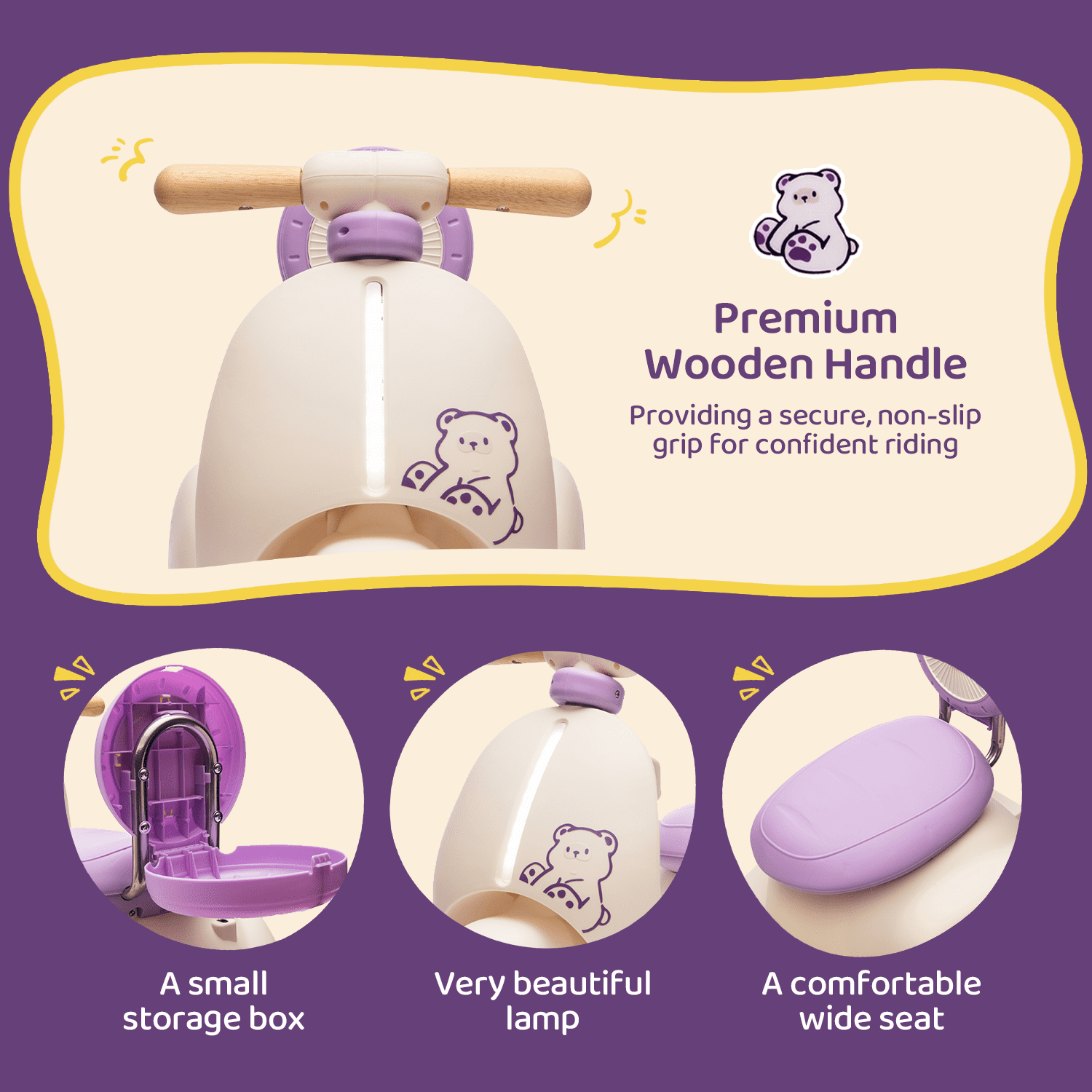 Track Seven 12V Ride on Motorcycle, 3-Wheel Toddler Electrc Scooter with Remote Control, Bluetooth, Wide Seat, Wooden Handle, Slow Start, Electric Motorycle for Boys Girls Aged 1-3 Years, Purple