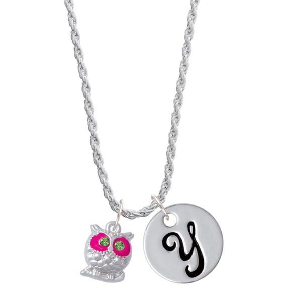 Delight Jewelry Silvertone Owl with Hot Pink & Lime Green Crystal Eyes Silvertone Script Initial Disc - Y - Charm Necklace, 20"+3"