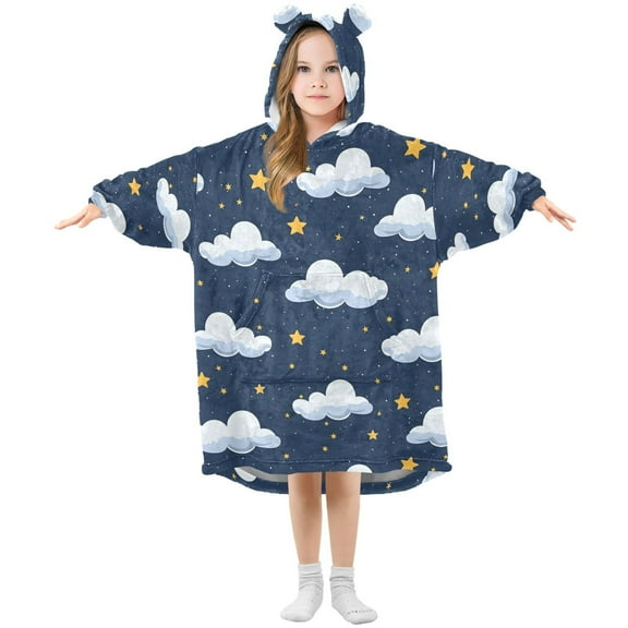 Dailycode Wearable Blanket Hoodie Oversized Sherpa Flannel Blankets with Pocket for 3-14 Year Old Clouds and Stars in Night