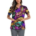 thumbnail image 3 of Lumtrix Mardi Gras Scrub Tops Women Holiday Mask Print Plus Size Short Sleeve V Neck Nursing Uniform with Pockets Side Slit Shirt Light Purple 5XL, 3 of 5
