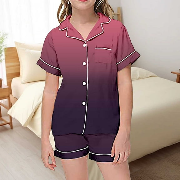 Kids Girls Pajama Set Gradient Short Sleeve Button-Down Top Shorts Summer PJS for Girls Boys Pajamas Size 8-9 Years