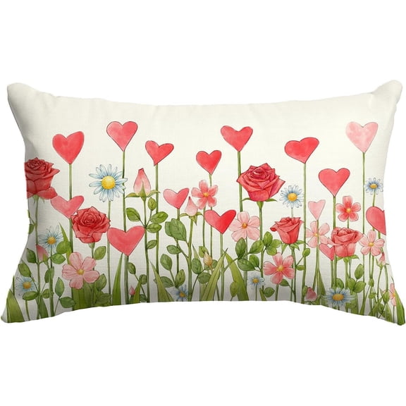 Valentines Day Pillow Cover 12x20 Inch for Valentines Decorations Valentines Love Hearts Flowers Lumbar Pillows Valentines Day Cushion Case Decoration for Sofa Couch