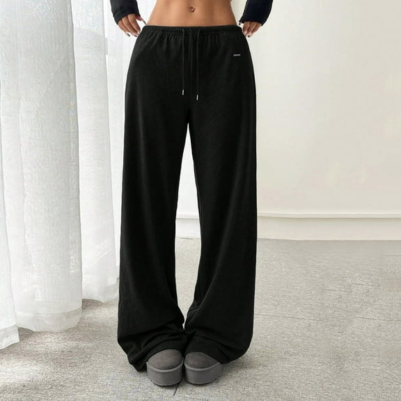 Women's Drawstring Low Rise Sweatpants, Baggy Wide Leg Casual Pants with Side Pockets, Soft Comfortable Lounge Pants for Streetwear, Weekend Wear, and Daily Activities Black S