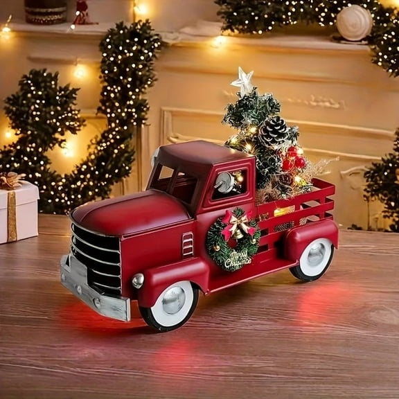 Vintage Red Christmas Truck Decor with Warm White Flashing Lights, Holiday Wreath & Mini Tree - Battery Operated (AA Batteries Not Included) - Perfect for Home & Party Decoration, Unique Gift Idea