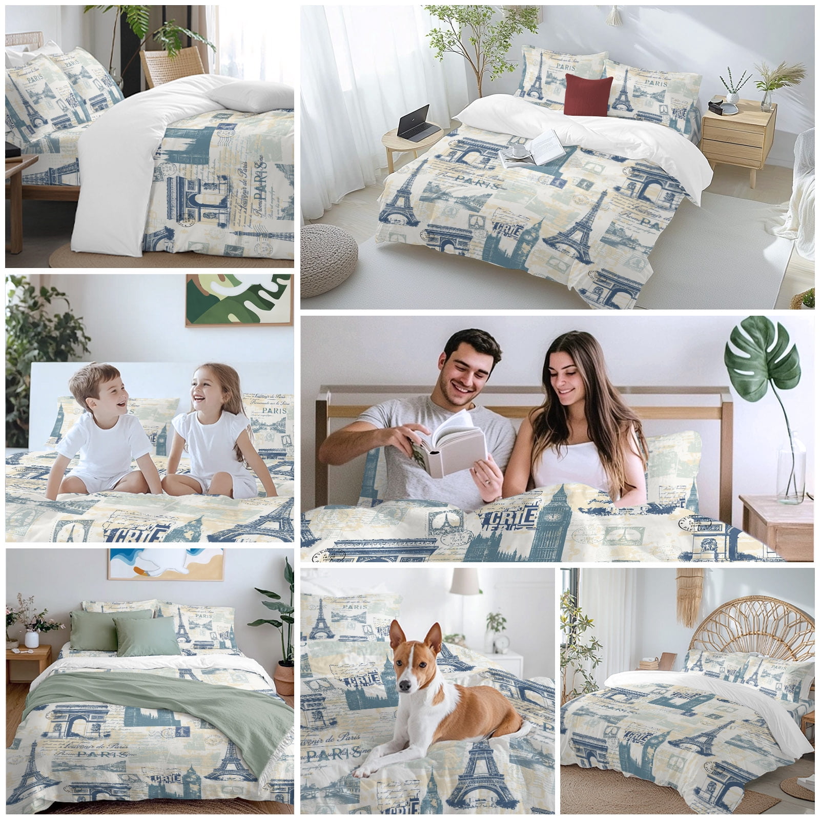 Vintage Art California King Duvet Cover Set, International Buildings Paris Towers Blue Grey 4 Piece Microfiber Bedding Set with Zipper Closure, Bed Sheet and 2 Pillow Shams, Soft Bedding Cover
