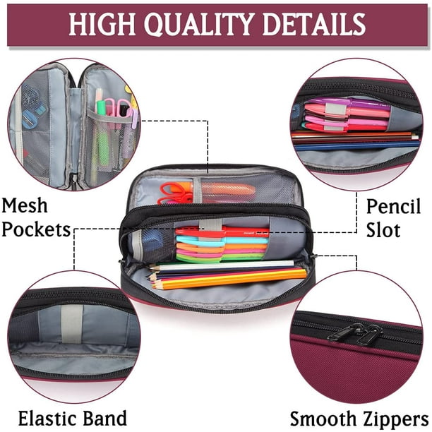 VASCHY Pencil Case, Medium Size Pen/Pencil Holder Pouch Bag with Double Zippers for Work School/Medical Gear Pouch Burgundy