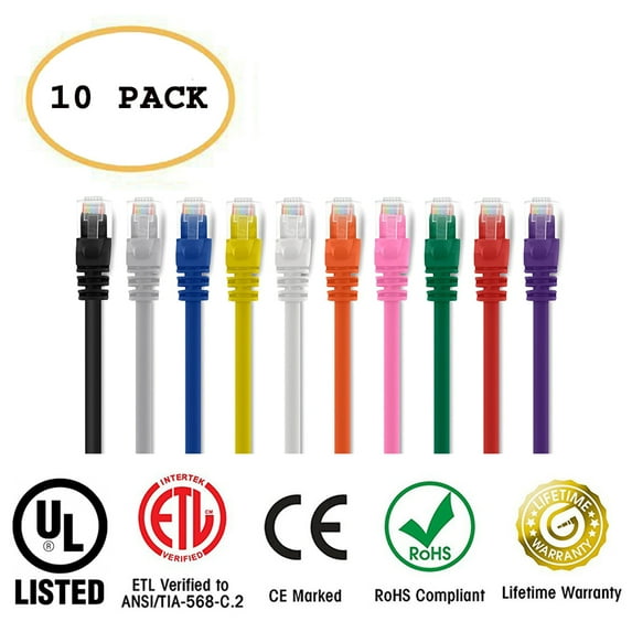 Huetron™ 10-Pack Cat 6 Ethernet Cable Cat6 Snagless Patch 2 Feet - Computer LAN Network Cord, MULTI-COLOR