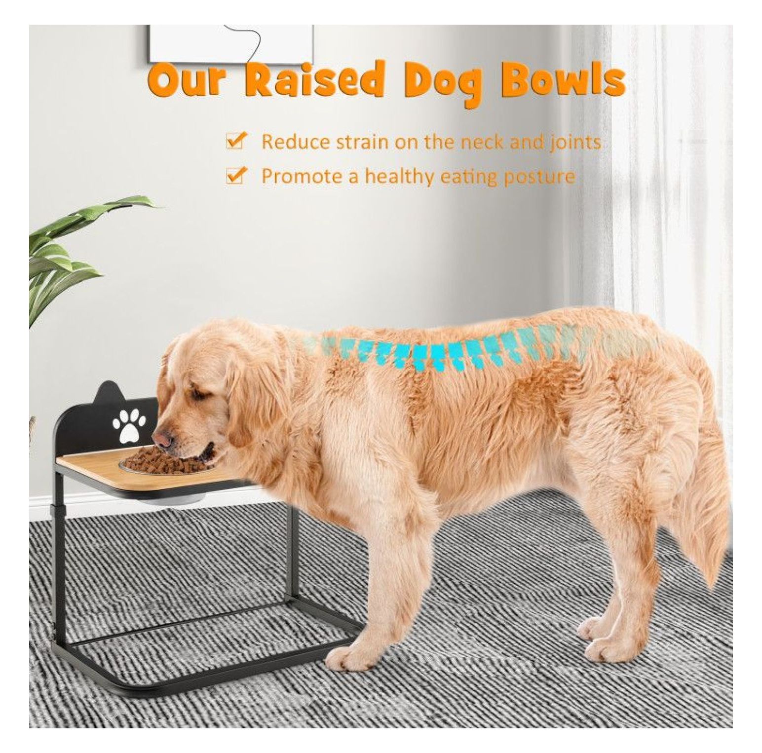 Elevated Dog Bowls with Stand - 2 Stainless Steel Bowls - Adjustable Height - Bamboo Tabletop - for Medium & Large Dogs - Pet Feeder