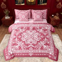 Manfei Retro Baroque Floral 7pcs Bedding Comforter Set,Vintage Damsk Queen Bedding Sets,Pink White Queen Sheet Sets For Men Women,Super Cozy Room Decor Reversible