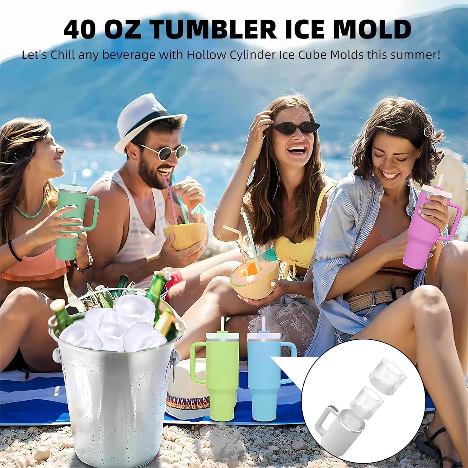 Ice Mold for Stanley Cup 30-40 oz Tumbler Cup Ice Mold, Silicone Ice Cube Tray With Lid and Bin for Chilling Cocktails, Whiskey, Drinks, Coffee, Easy Fill and Release Ice Maker (Green)