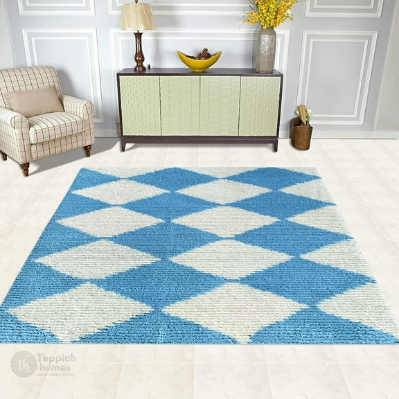 Teppich Homes Blue Geometric Pattern Wool Area Rug 5x7 - Tufted Carpet for Hallway and Bed, Living Room