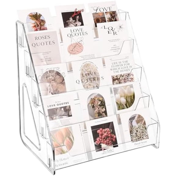 Upgraded 5 Tier Acrylic Card Display Stand, Clear Display for Greeting Cards, Sports Cards, Postcards, Stickers & Brochures, Easy Snap-On, Increased Height & Thickness for Better Presentation