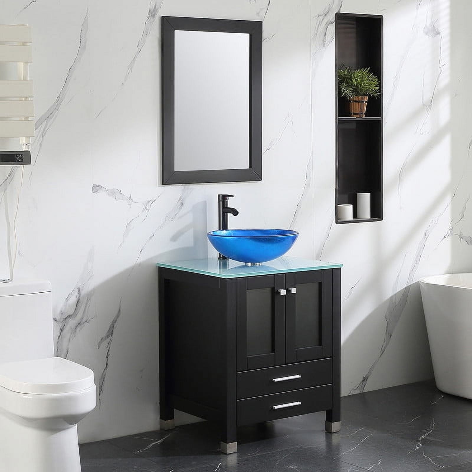 Walsport 24" Luxurious Wood Bathroom Vanity Cabinet Blue Round Vessel Sink Vanity Cabinet Tempered Glass Top w/ Mirror,Black