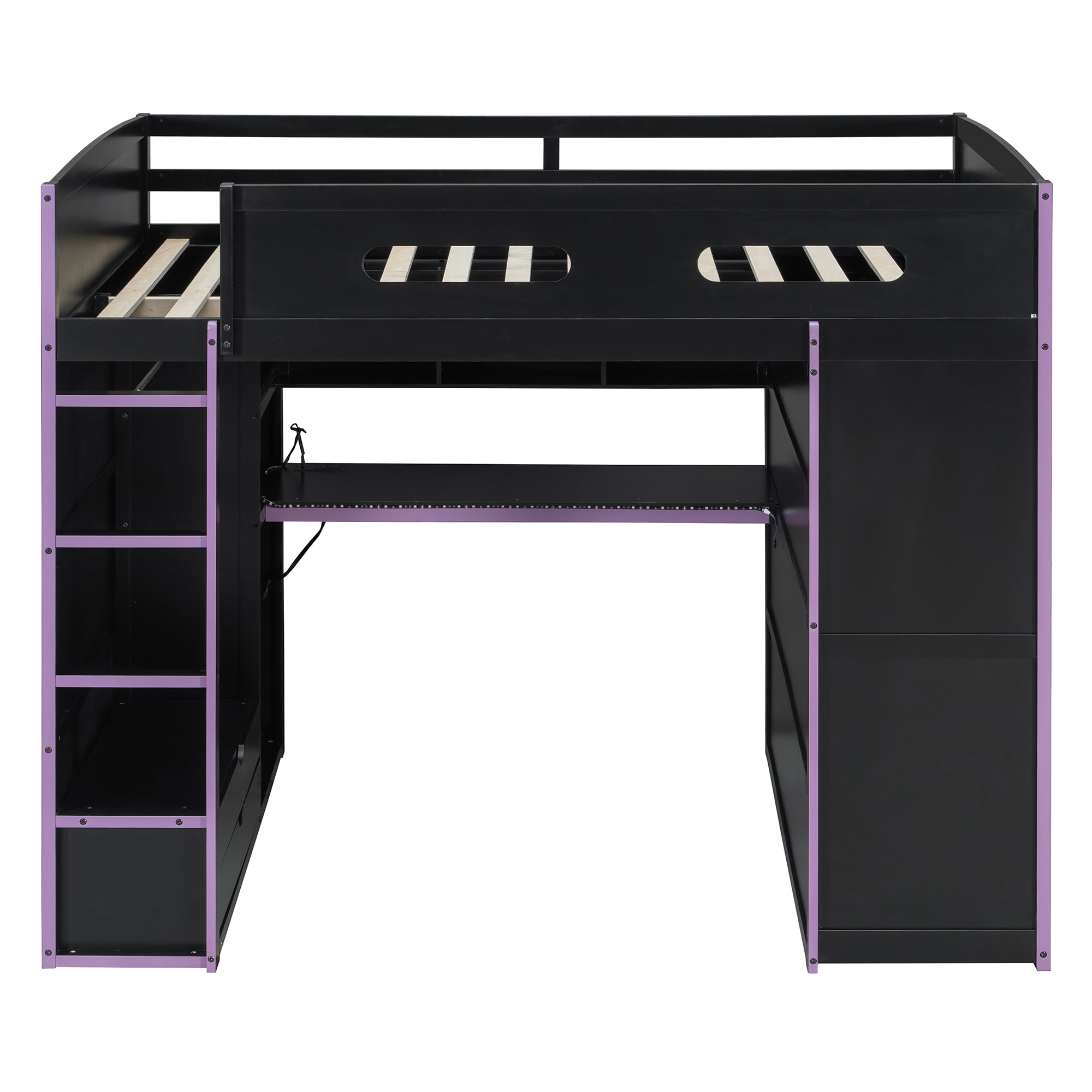 Mintazer Full Size Gaming Loft Bed with Desk & Dual Wardrobes, Esports Loft Bed with RGB LED Light & Storage Drawers, Black & Purple