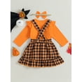 thumbnail image 4 of Wassery Baby Girls Halloween Clothes Long Sleeves  Pumpkin Smiley Face Print Romper and Plaid Suspender Skirt Headband 3 6 9 12 18 24 Months Infant Fall Outfit 3PCS, 4 of 9