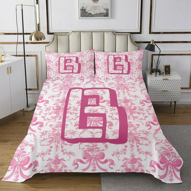 Erosebridal Ensembles de Courtepointe Lettre B Personnalisée pour Lit Format Grand, Ensemble de Literie Nœud Nœud Papillon, Ensemble de Couvre-Lit Floral à Fleurs Roses Grand pour Filles, Déco de Chambre Ultra Douce, 3 Pcs