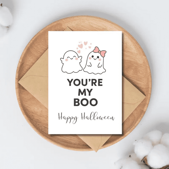 You’re My Boo Halloween Card – Cute Ghost Design with Heart Graphics – Blank Inside – Perfect for Couples’ Halloween Greetings and Celebrations