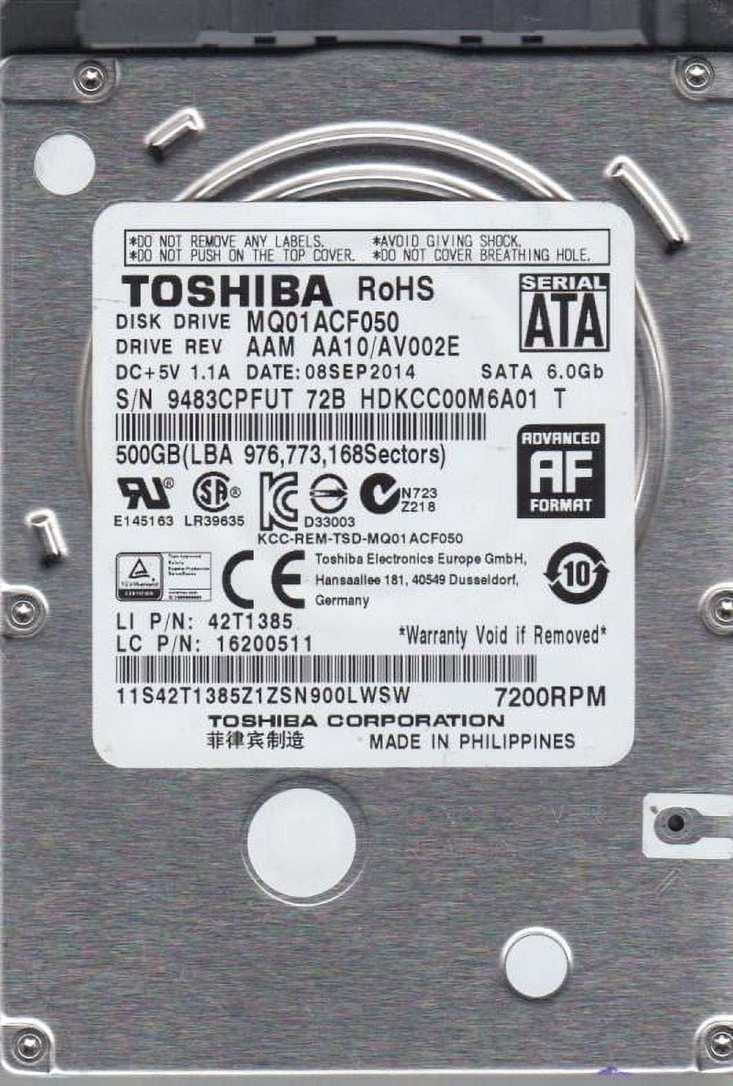 Toshiba MQ01ACF050 - Disque dur - 500 Go - interne - 2.5 - SATA 6Gb/s -  7278 tours/min - mémoire tampon : 16 Mo - pour Intel Next Unit of Computing  12 Pro Kit - NUC12WSHi3, 12 Pro Kit 
