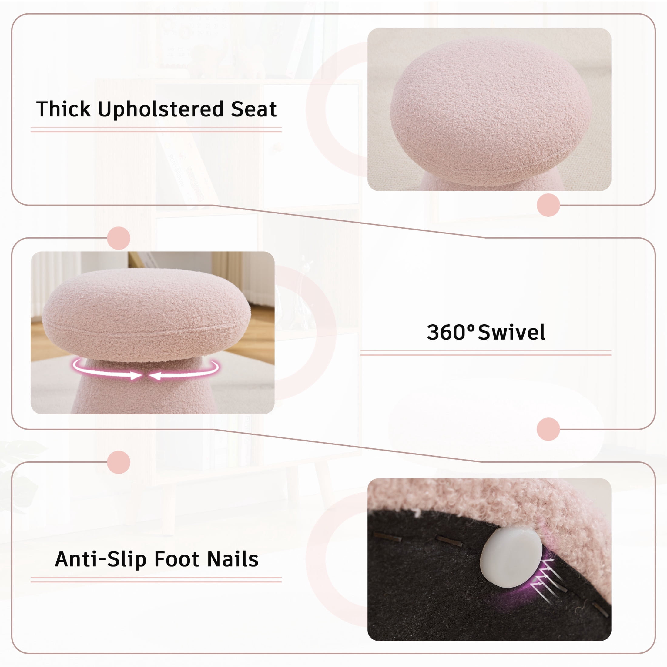 Noble House Arvion 360° Swivel Mushroom Ottoman, Round Teddy Vanity Footrest Dressing Chair for Living Rooms, Pink