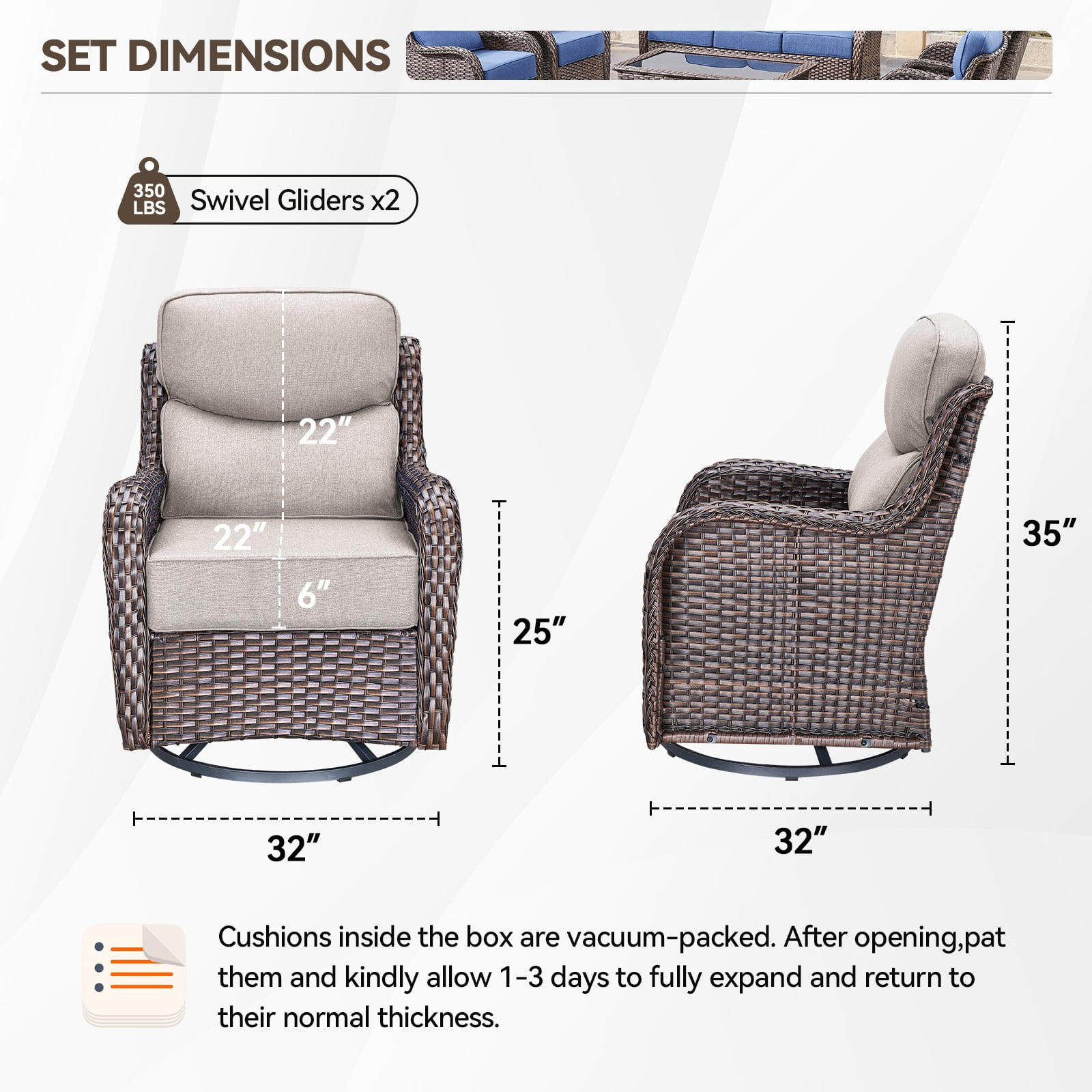 Gymojoy 3 Pieces Patio Furniture Set, Outdoor Swivel Glider Rocker, Wicker Patio Bistro Set with Rocking Chair, 6-inch Thick Cushions and Side Table for Porch