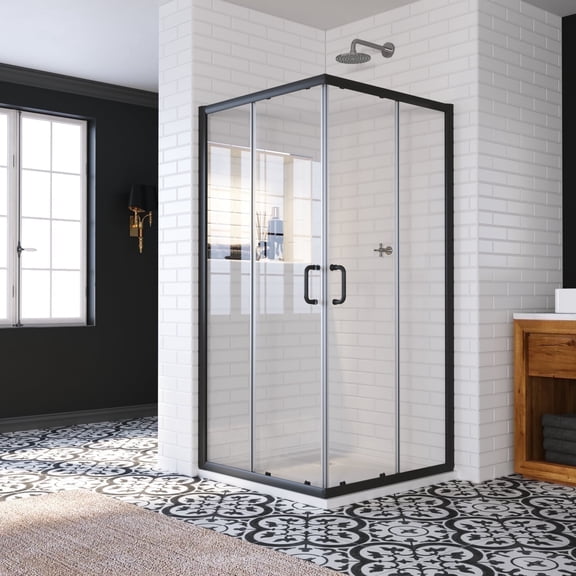 Sunny Shower Corner Entry Sliding Shower Door 34" D x 34" W x 72" H in Matte Black Framed