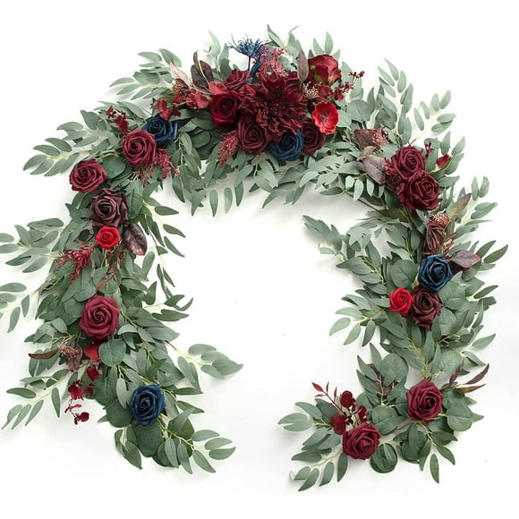 Namzi 6ft Artificial Eucalyptus Garland with Flowers Fake Greenery Faux Floral Vine , Dark red