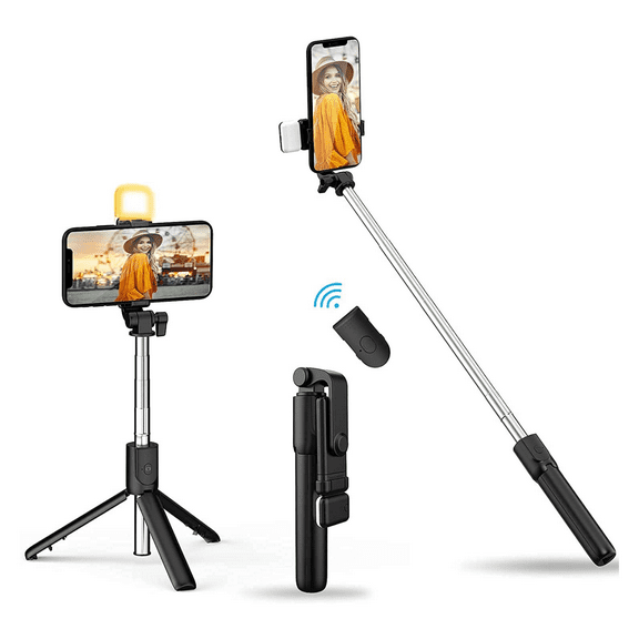 Selfie Stick Tripod with Light, Selfie Stick with Wireless Remote, Portable Phone Tripod Compatible with iPhone Samsung, and Android