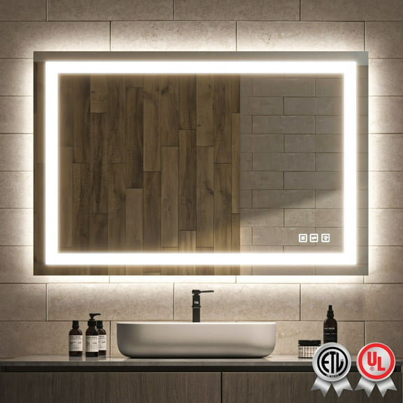 48 in. W x 32 in. H Rectangular Frameless Wall Bathroom Vanity Mirror with Backlit and Front Light