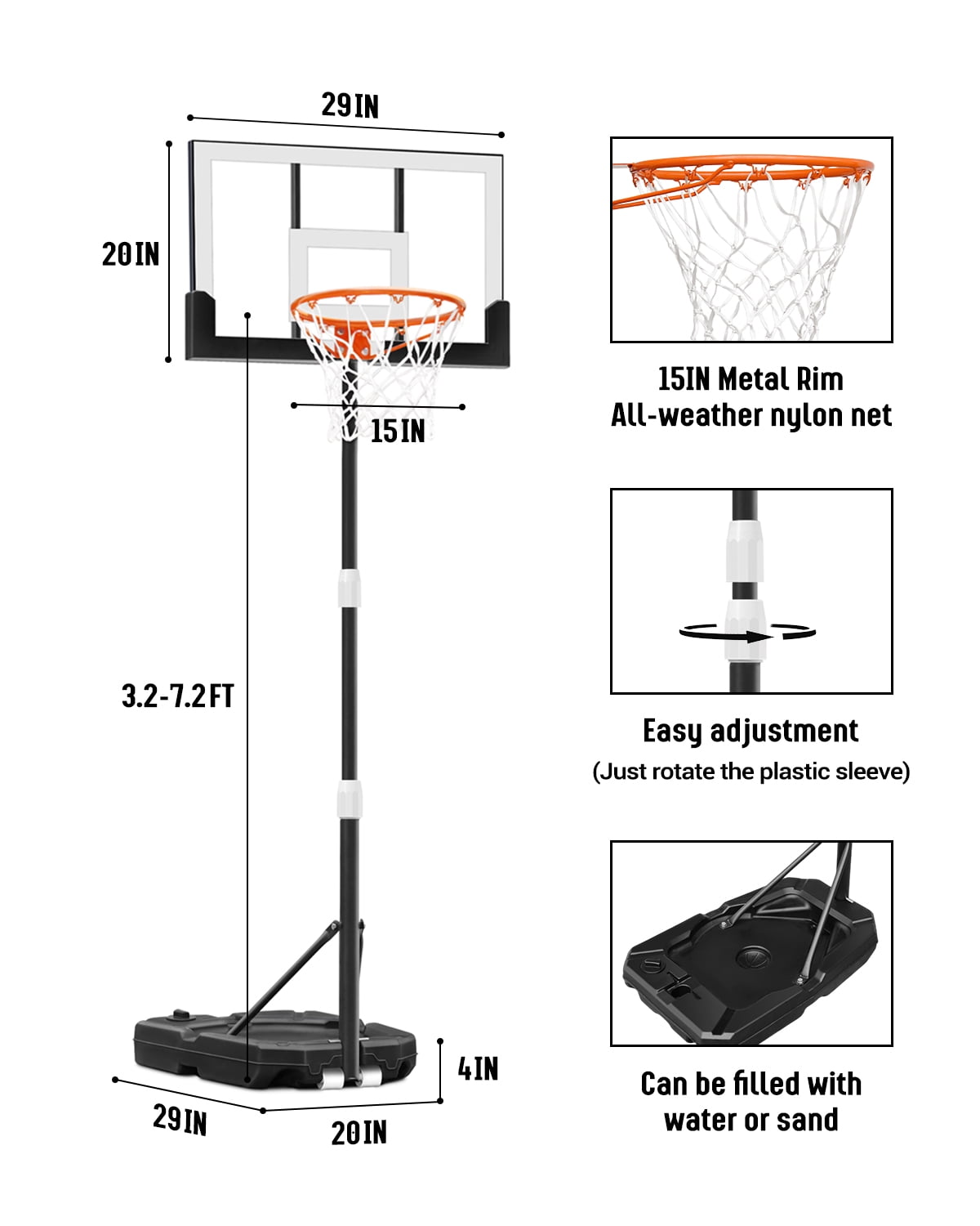 SERAY Adjustable Basketball Hoop for Kids, Teens & Adults, 3.2-7.2 feet Height, Portable Basketball Goal with 29 inch Backboard & 2 Wheels for Indoor & Outdoor Use