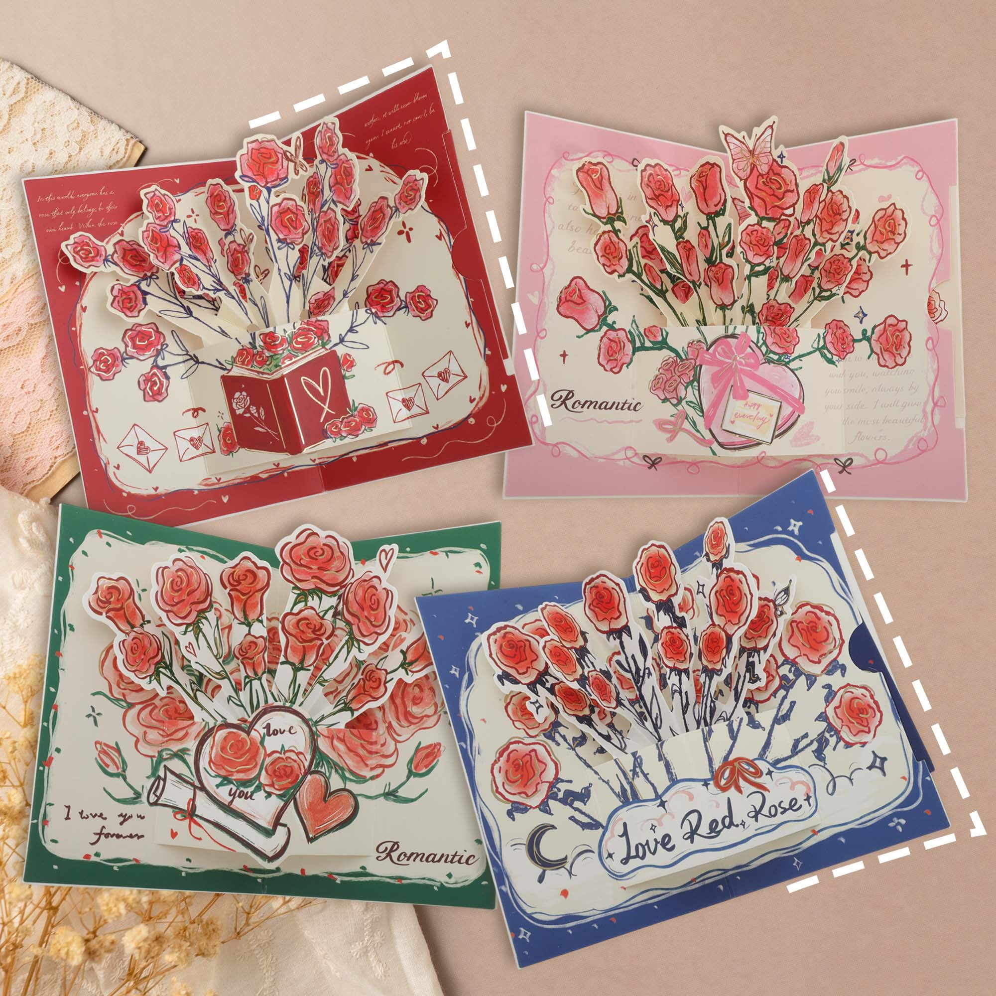 Unique Bargains Floral Pops Up Card 3D Greeting Cards with Envelope Red Bouquet