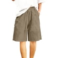 thumbnail image 2 of Womens Linen Blend Bermuda Shorts with Elastic Waist, Beige Relaxed Fit Knee Length Wide Leg Casual Shorts with Pockets,Size L, 2 of 8