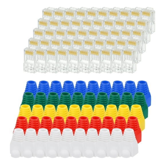 50pcs Cat6 RJ45 Pass Through Connectors, RJ45 Connector 8P8C Gold Plated Plugs with 50pcs Strain Relief Boots(White Green Blue Yellow Red)