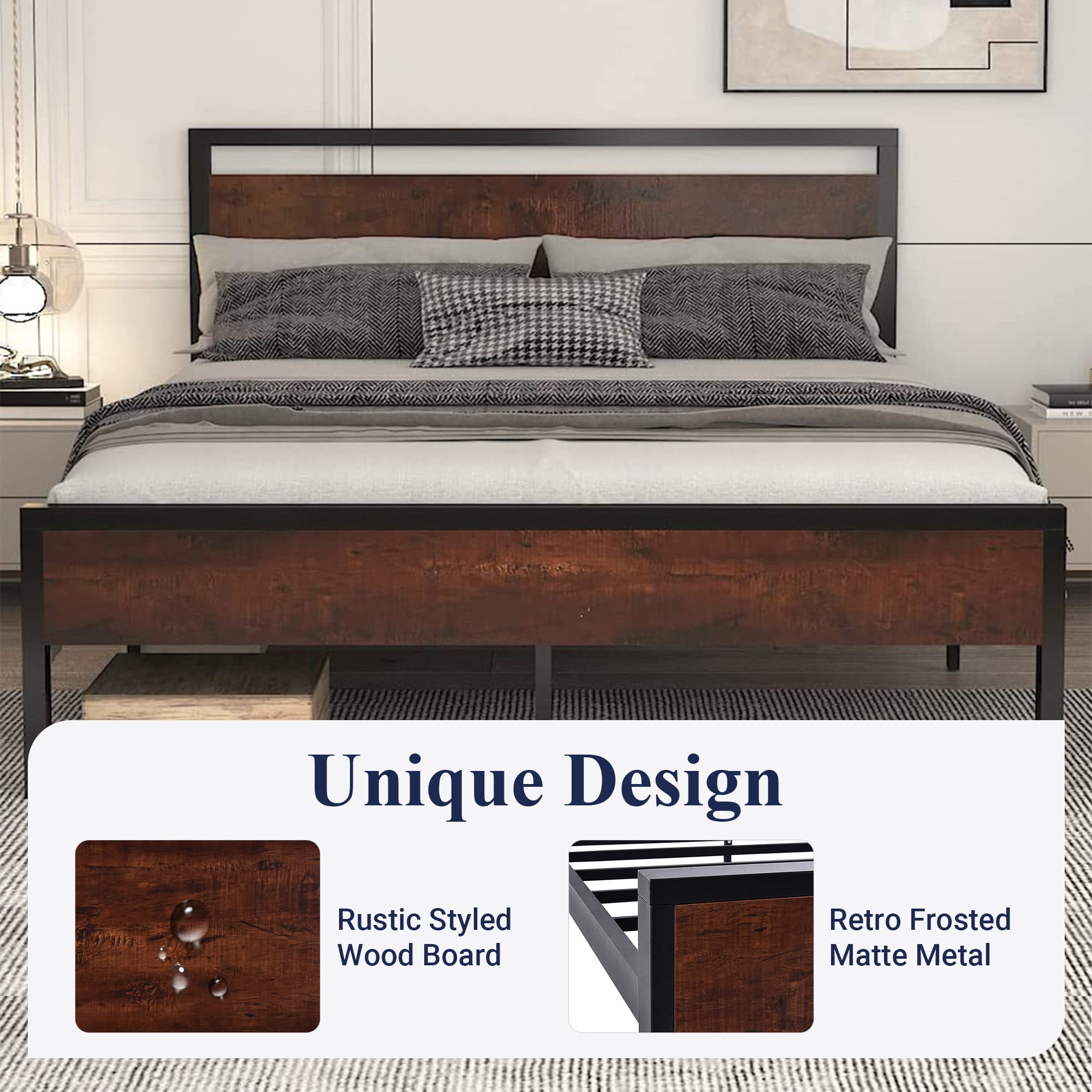 Allewie Queen Size Bed Frame, Heavy Duty Metal Platform Bed with Wooden Industrial Headboard & Footboard, No Box Spring Needed, Mahogany