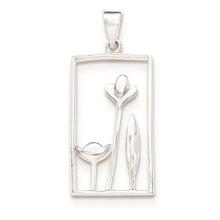 925 Sterling Silver Rectangle Flower Polished Flat-back Charm Pendant