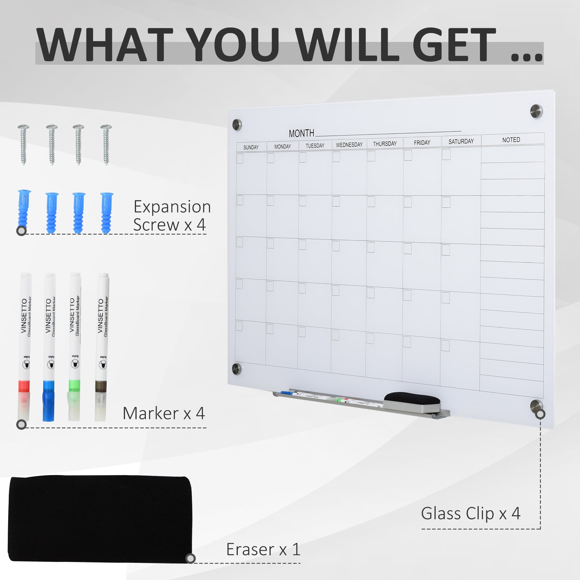 Vinsetto 35"x23" Dry Erase Wall Calendar Glass Whiteboard Monthly Planner for Homeschool Supplies & Home Office Organization w/ 4 Markers and Eraser