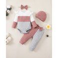 thumbnail image 3 of 3 Months Baby Girls Clothes 6 Months Girls 4PCS Fall Winter Outfits Set Newborn Girls Long Sleeve Color-blocked Top Pants Set with Headband Hat Pink, 3 of 6