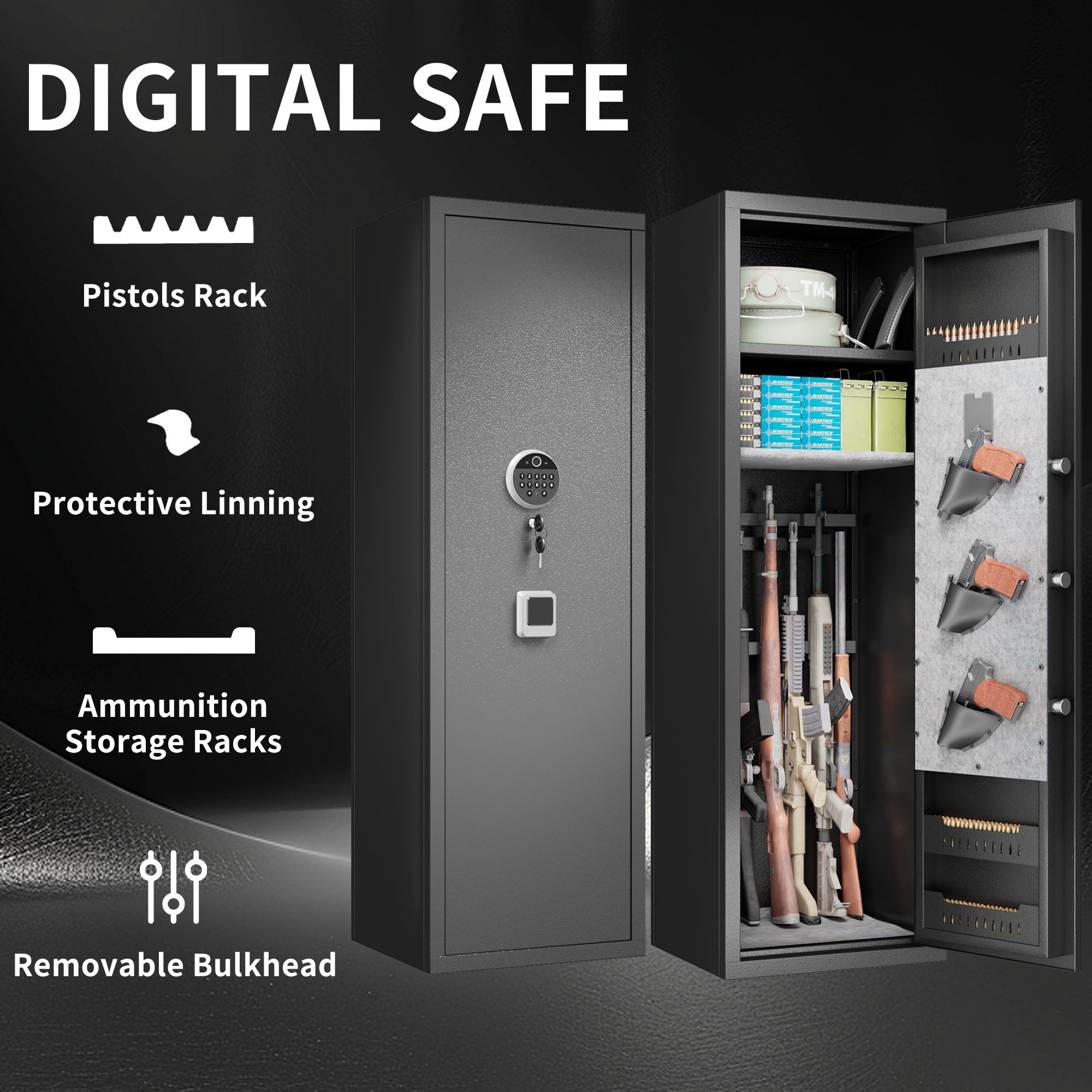 Seizeen Fingerprint Gun Safes, Heavy-duty Metal Storage Cabinet Safe, Quick Access Biometric & Electronic Gun Cabinet for Rifle, Pistol, Documents, Valuables, 13.8'' x 11.8'' x 57''
