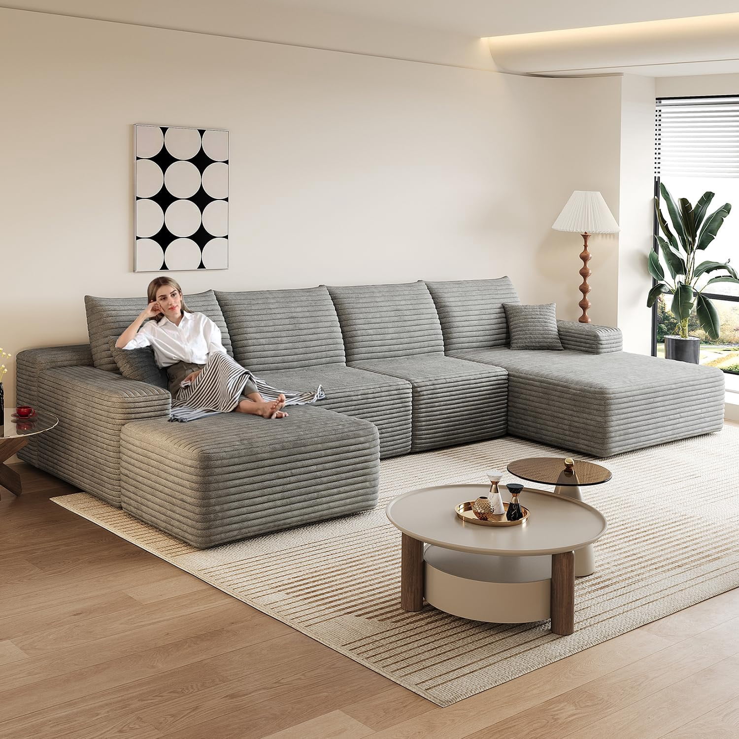 Sailvan 135" Cloud Sectional Couch, Cloudy Sofa with L-Shape Chaise & Ottoman, Upholstered Couches for Living Room & Bedroom, No Assembly Required, Plush Corduroy Fabric, Gray