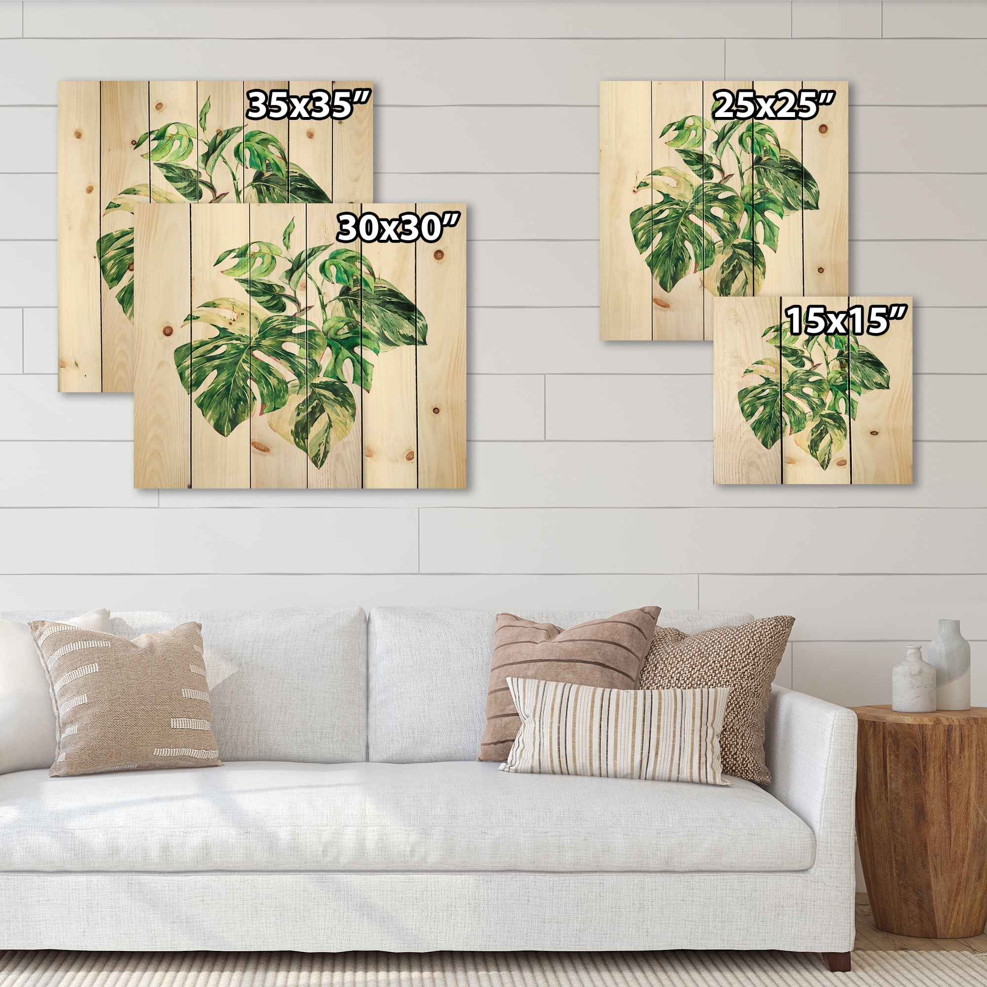 Designart 'Tropical Green Leaves On White In Summer Times I' Tropical Print on Natural Pine Wood