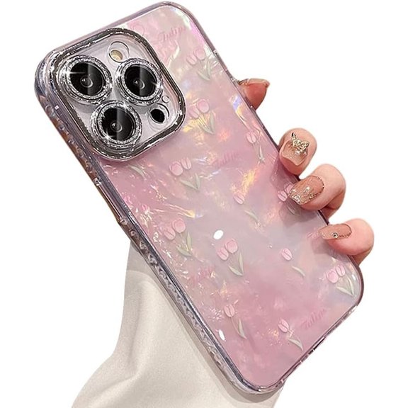 Compatible with iPhone Case,Glitter Camera Lens Protection Laser Gradient Flower Floral Clear [Compatible with Wireless Charging] Soft Shockproof Cover Phone Case (Pink,iPhone 12 Pro Max)
