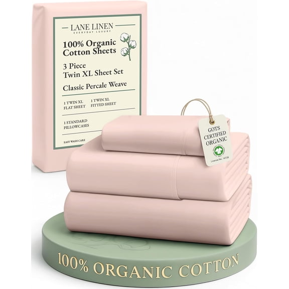 Twin XL Sheet Set 100% Organic Cotton GOTS Certified Percale Weave Deep Pocket 4 Piece Soft Breathable Cooling Lightweight All Season Machine Washable Crisp Dusty Rose