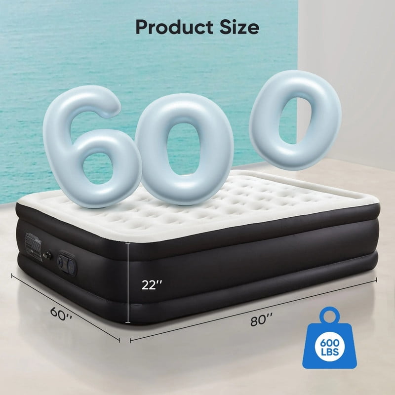 Kelno 22" Queen Air Mattress with Built in Pump Quick Inflate Deflate Airbed for Home Camping, Black