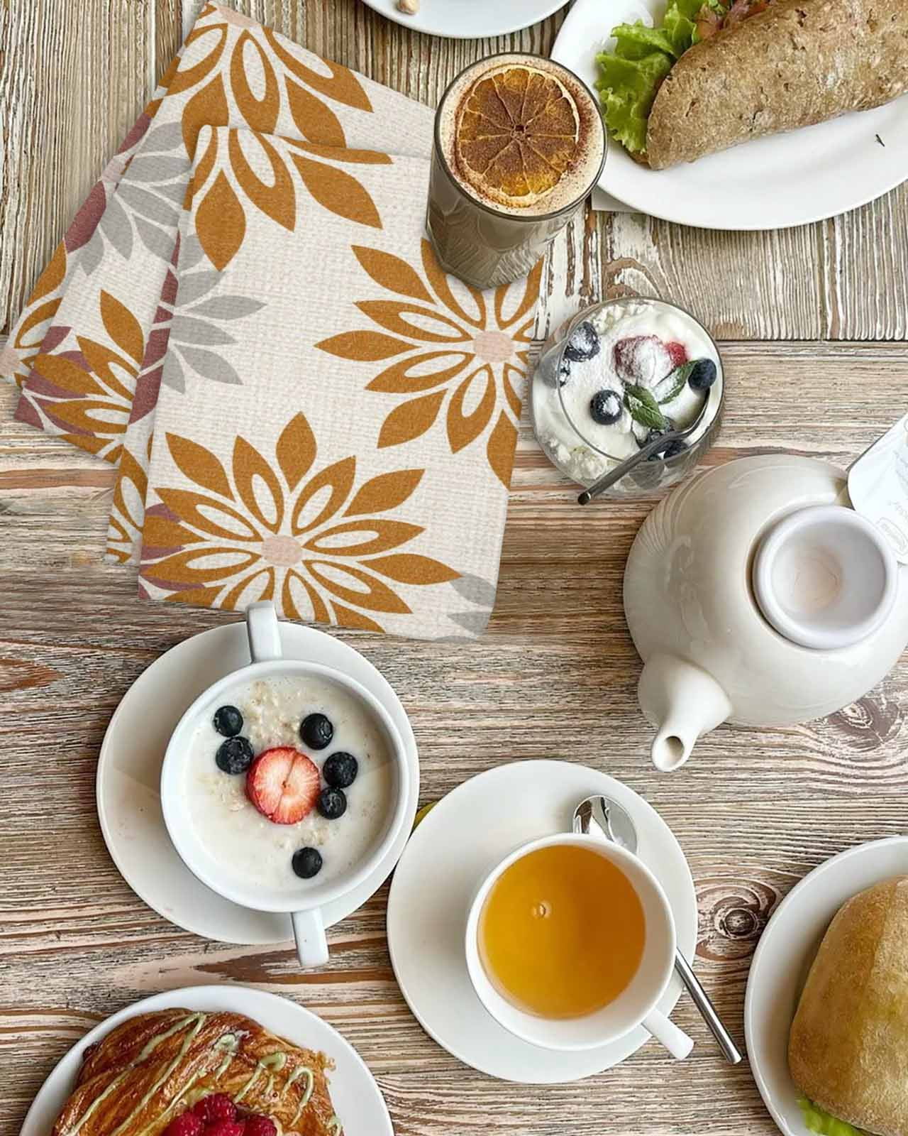 Geometric Flower Kitchen Dish Towels for Drying Dishes Set of 3, Vintage Country Floral Orange Grey on Linen Waffle Weave Microfiber Hand Tea Bathroom Towels Quick Dry & Absorbent Towel 15.7x23.6