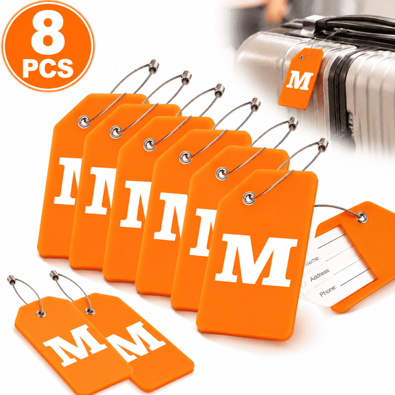Emlimny 8 Pcs Luggage Tags for Suitcases, M Letter Silicone Luggage Tag with Name ID Card Travel orange luggage tags Identification Labels ID Tags Fully Bendable Tags with Stainless Steel Loop