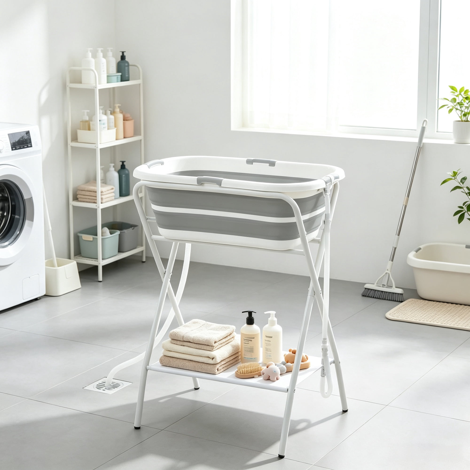 Dog Bath Tub for Small Dogs, Elevated Foldable Dog Washing Station, with Hose, Storage Shelf, for Puppies