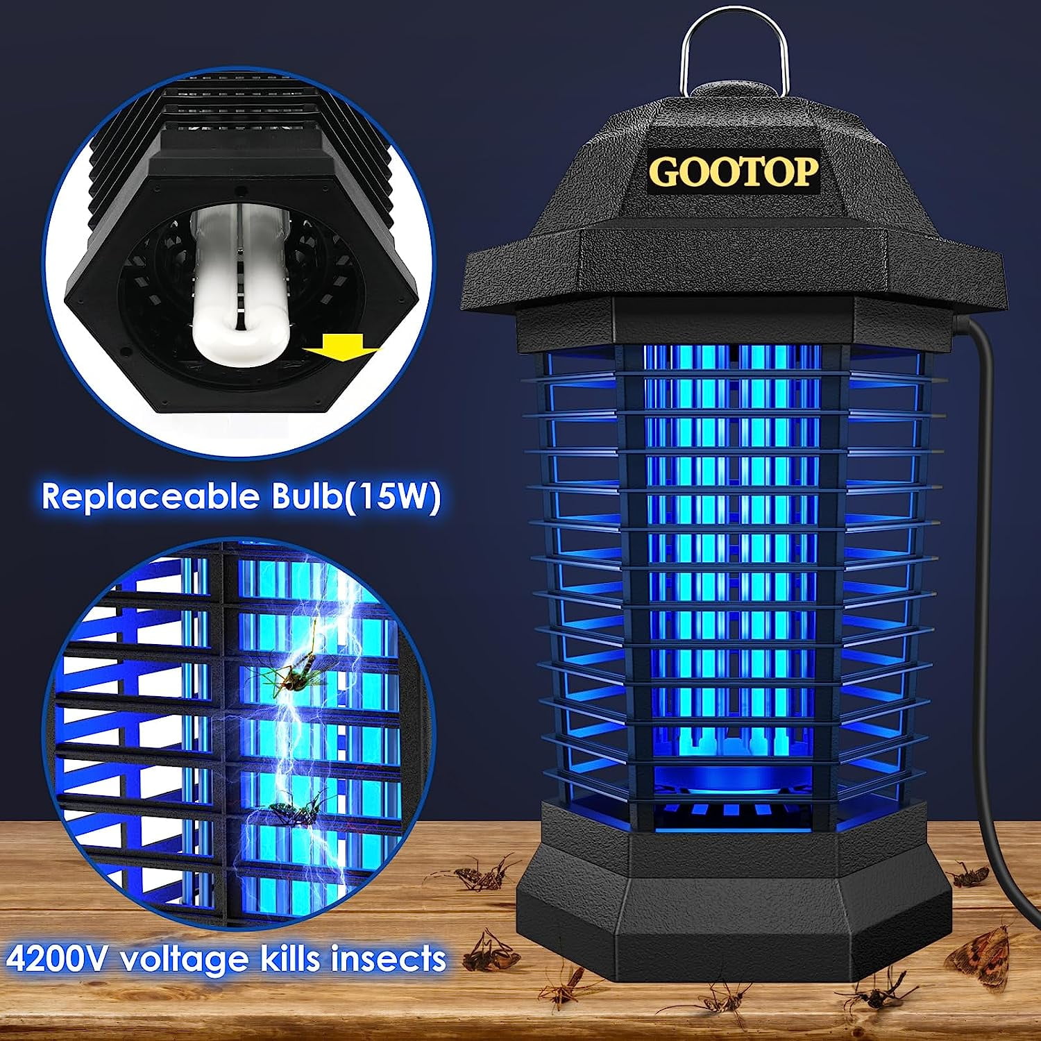 ZJQYDS Bug Zapper Outdoor, Mosquito Zapper, 3 Prong Plug in Electric Fly Zapper, Mosquito Killer, Fly Traps, Flying Insects Zapper Indoor Outdoor, 4200V, ABS Plastic Outer (Black)