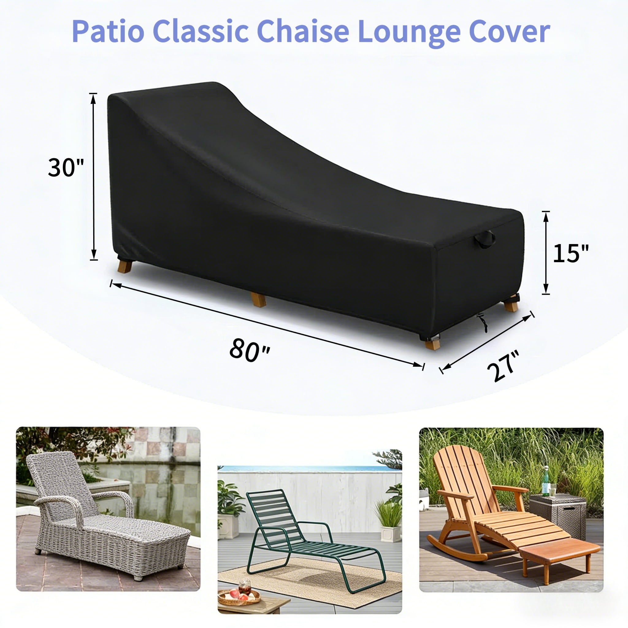 Patio Chaise Lounge Cover, Waterproof & UV Resistant Outdoor Furniture Covers for Sun Lounger Pool Sunbathing, 80"Wx27"Dx30"H