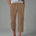 thumbnail image 2 of TOWED22 Capri Pants for Women Summer Casual Lounge Pants Cropped Cotton Linen Comfy Drawstring Baggy Trousers with Pockets（Brown,S）, 2 of 7