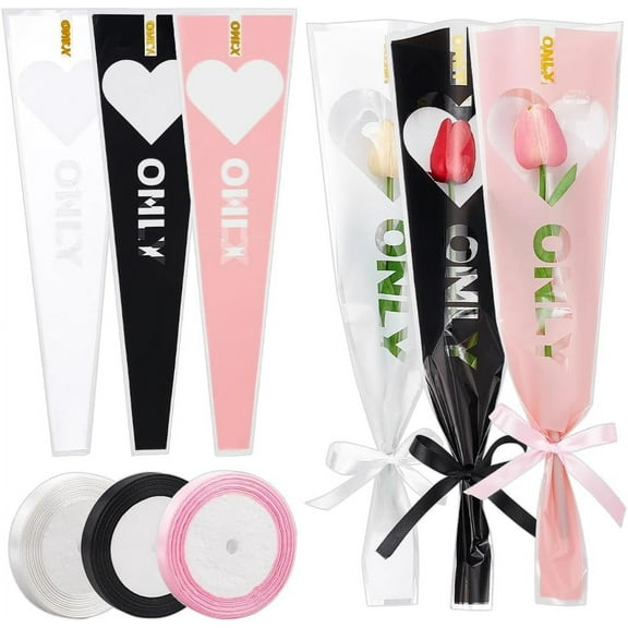 150 Pcs Plastic Flower Bouquet Bags Single Flower Packaging Bags Floral Bouquet Sleeve with Polyester Ribbon
