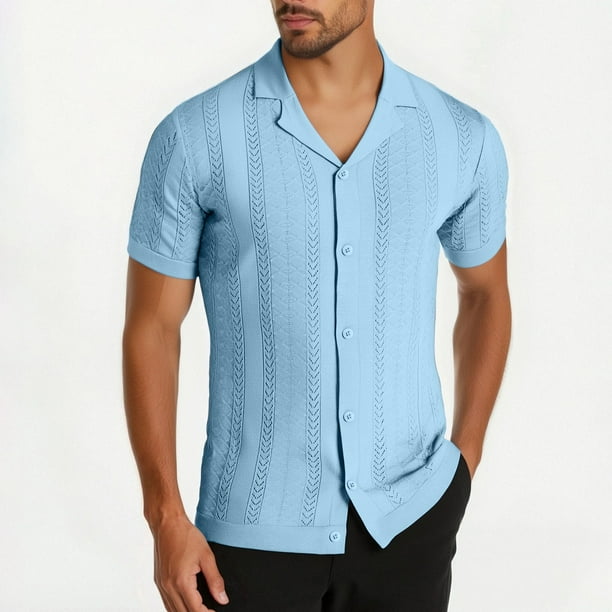 pstuiky camisetas para hombre, Camisa de punto de manga corta para hombre, cárdigan informal con botones y solapa de manga corta. camisas casuales para hombre m